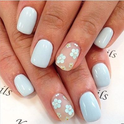 UNHAS DE GEL AZUL CLARO COM FLORES ...