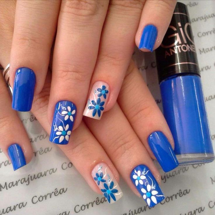 unhas azuis flores faça você mesma ...