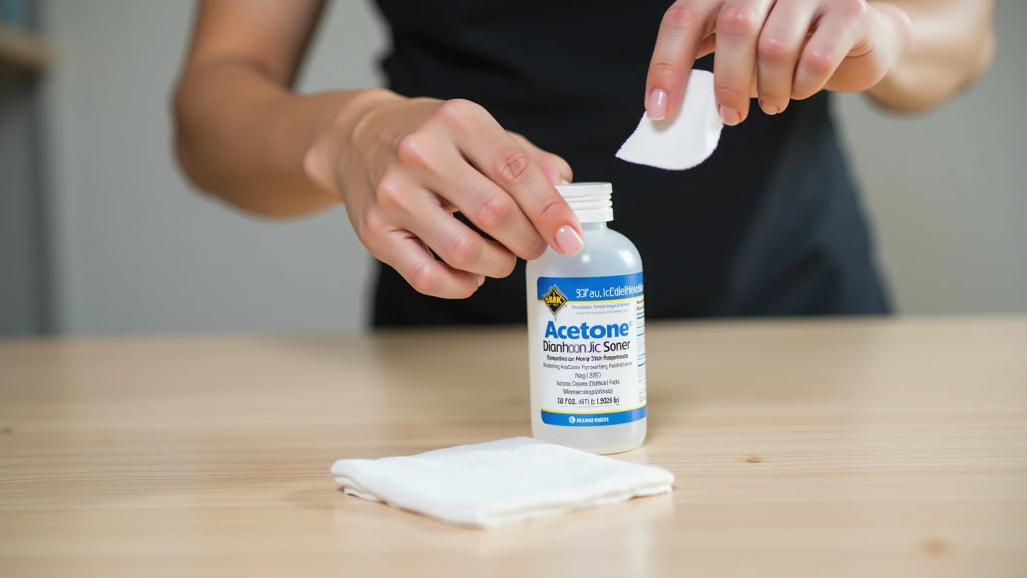 Frasco de acetona e algodão sobre a mesa, prontos para remoção de unhas de fibra.
