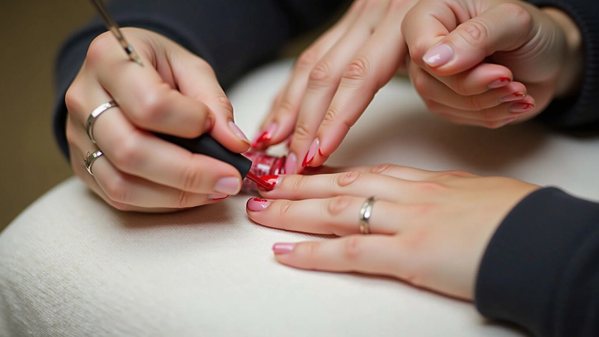 Aplicando esmalte vermelho nas unhas, processo de decoração.
