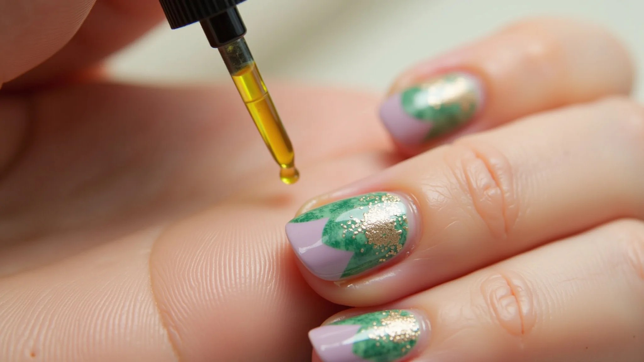 Hidratando cutículas para unhas lilás e verde saudáveis.