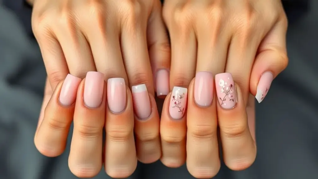 Comparativo de unhas de fibra de vidro (natural) e gel (com nail art).