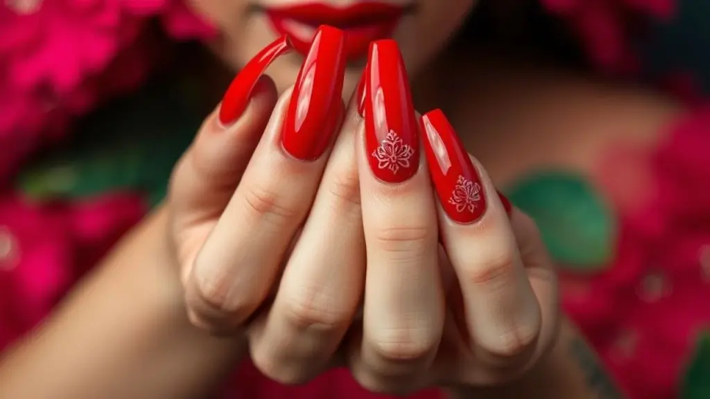 Unhas de gel vermelhas com nail art inspirada no carnaval brasileiro.