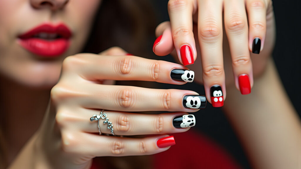 Unhas decoradas com tema Mickey Mouse, cores vibrantes.