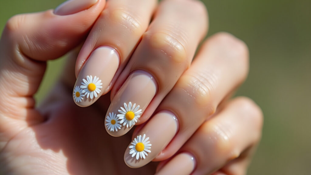 Unhas minimalistas decoradas com margaridas em esmalte nude.