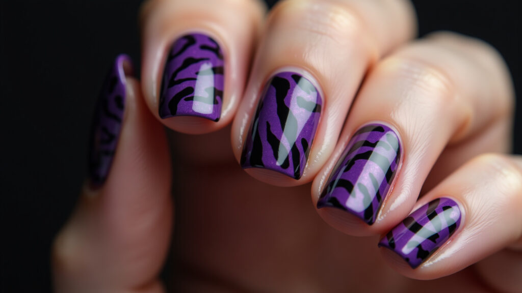 Unhas roxo escuro com animal print.