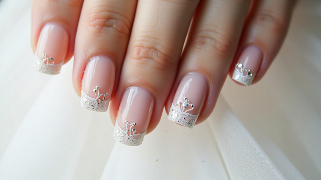 Unhas decoradas para casamento com renda branca e glitter.
