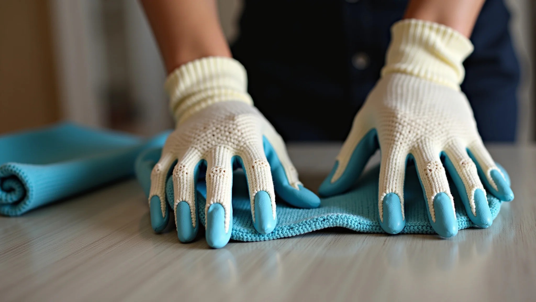 Usando luvas para proteger as unhas decoradas no inverno durante tarefas domésticas.