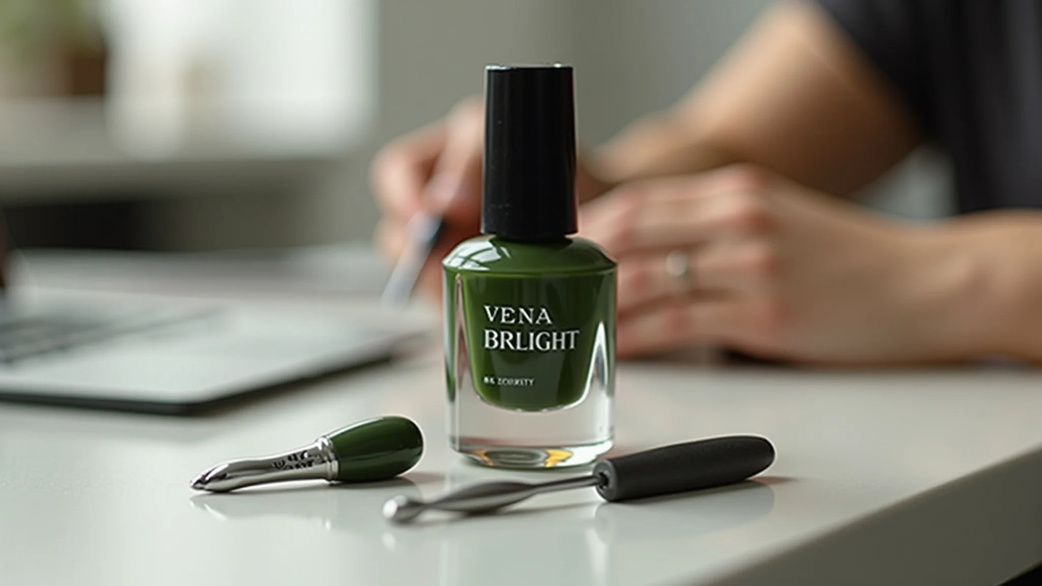 Frasco de esmalte verde militar e ferramentas de manicure.