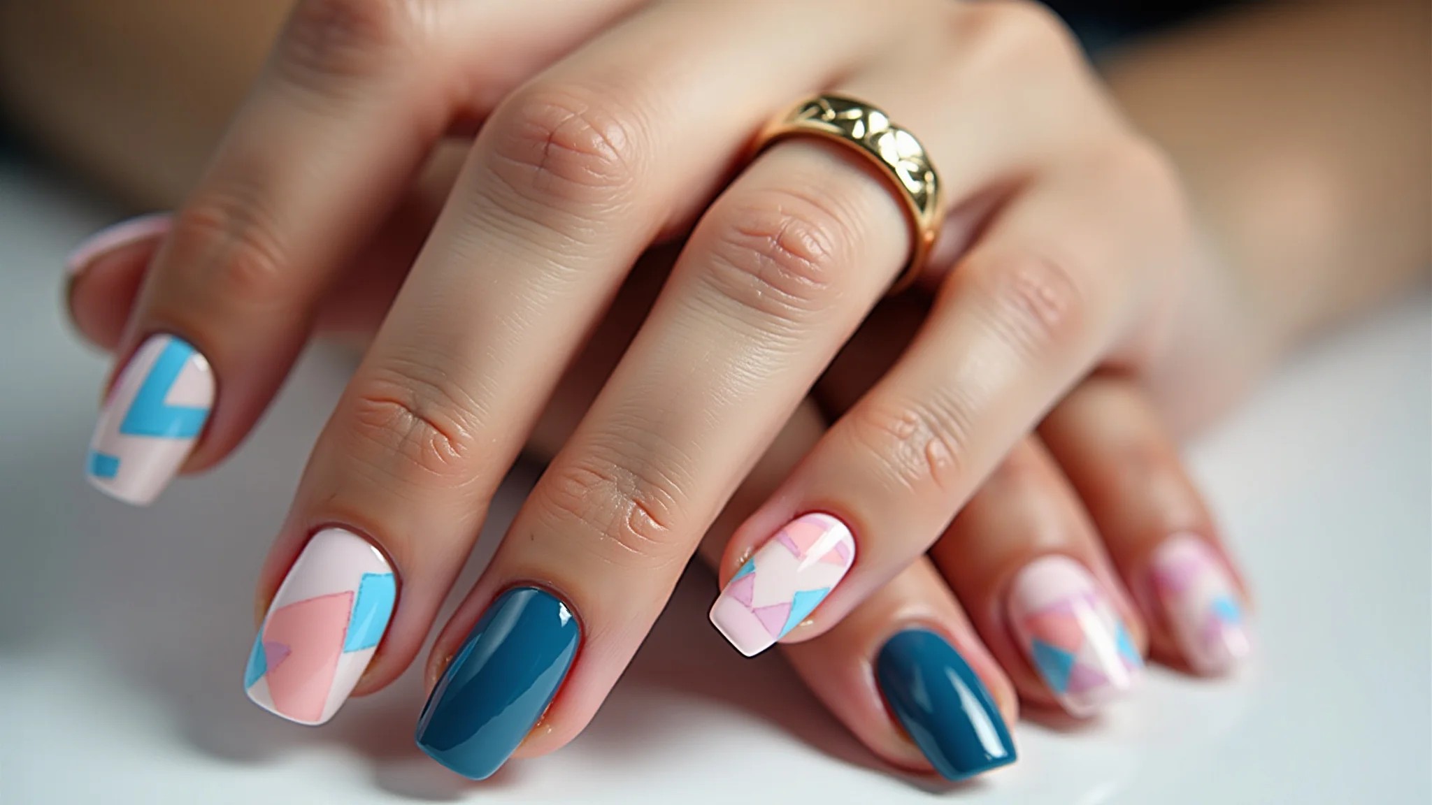 Unhas com design geométrico colorido, estilo moderno e vibrante.