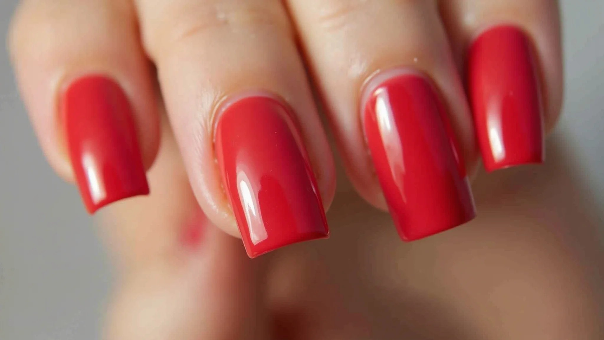 Esmalte vermelho clássico em unhas curtas e quadradas, elegância atemporal.