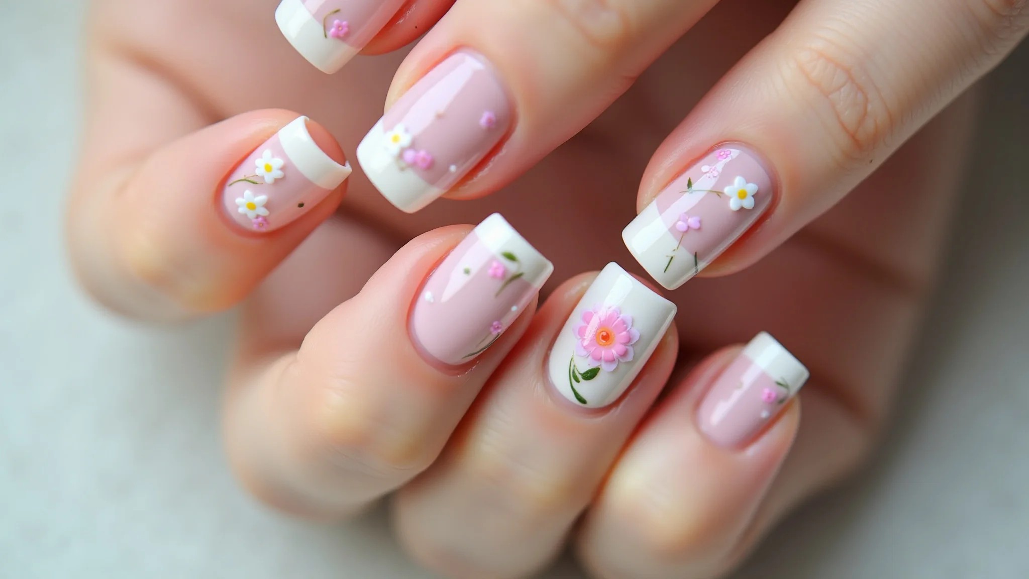 Desenhos de flores delicadas em unhas curtas, romantismo e feminilidade.