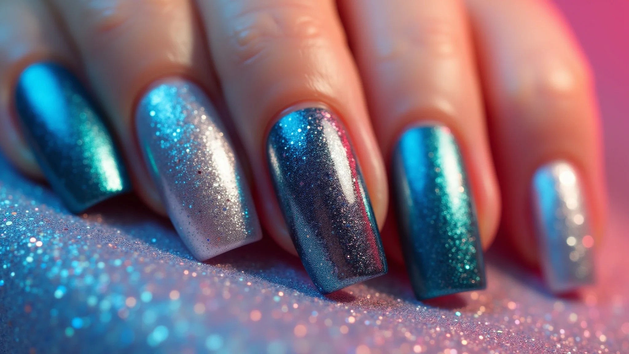 Opções de glitter cosmético para unhas de fibra, cores vibrantes.