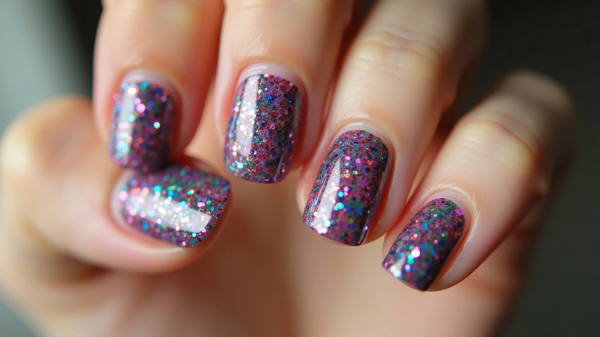 Unhas de fibra com mix de glitter colorido, design divertido, close-up.