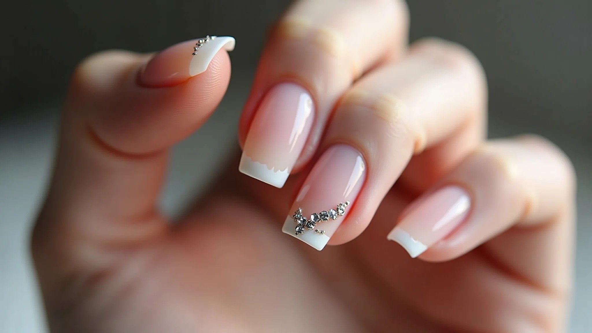 Detalhe de unhas de fibra com filha única decorada com strass brilhantes.