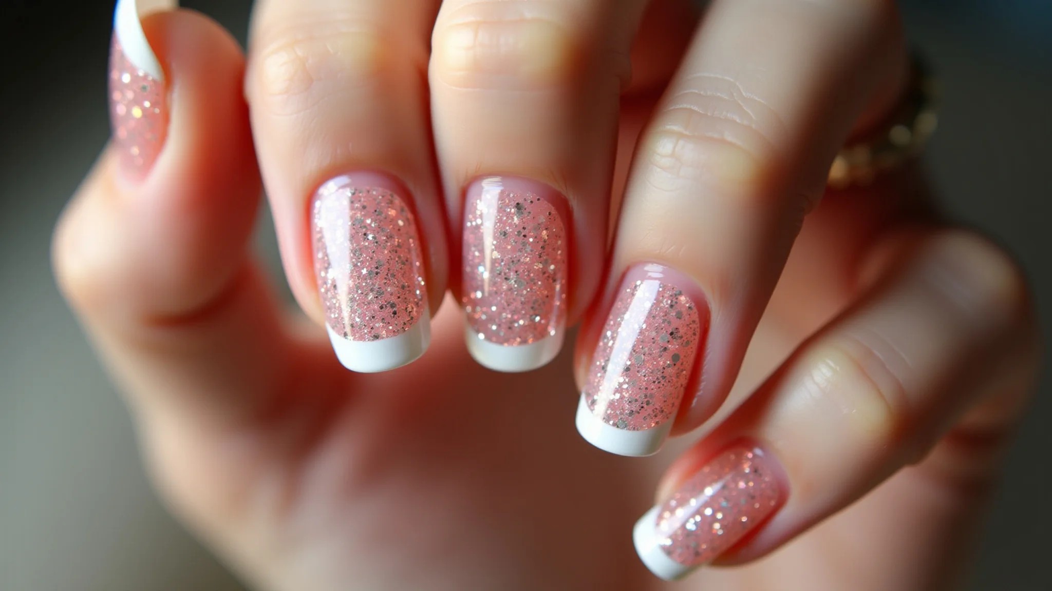 Unhas com francesinha de glitter e fibra de vidro, brilho e glamour para ocasiões especiais.