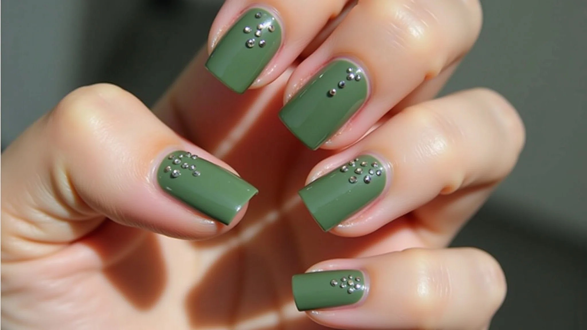 Unhas verde militar com pequenas pedrarias, glamour e elegância.
