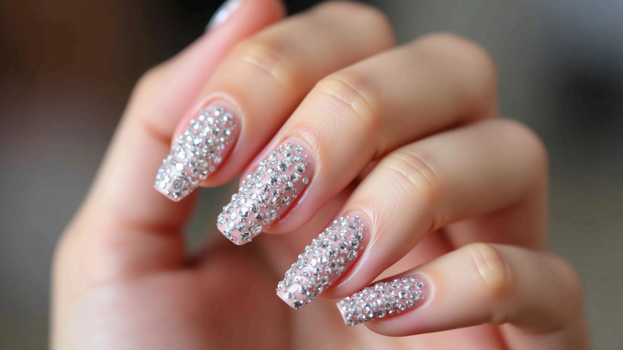 Unhas decoradas com strass, brilho intenso e glamouroso para festas.