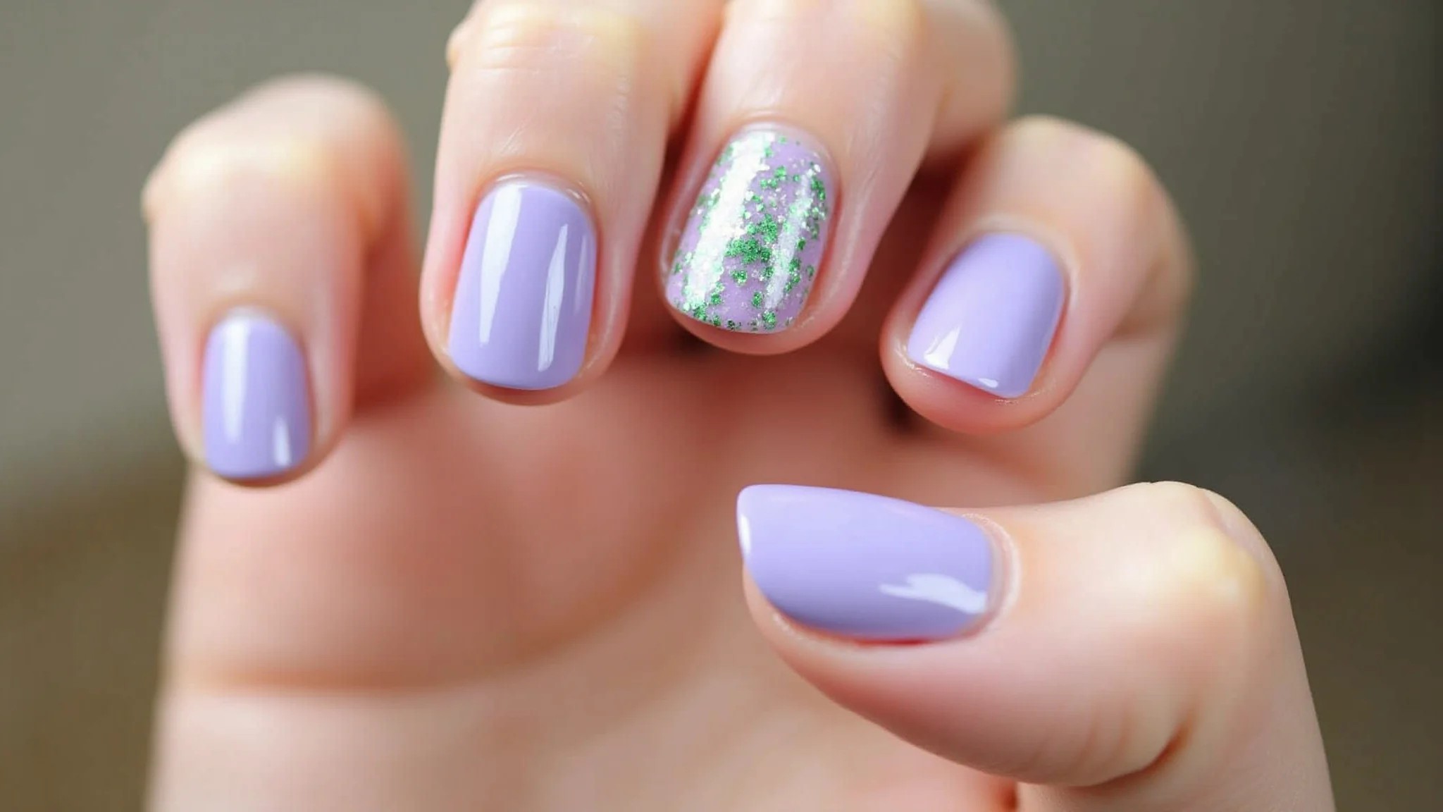 Filha única com glitter lilás e verde em unhas decoradas.