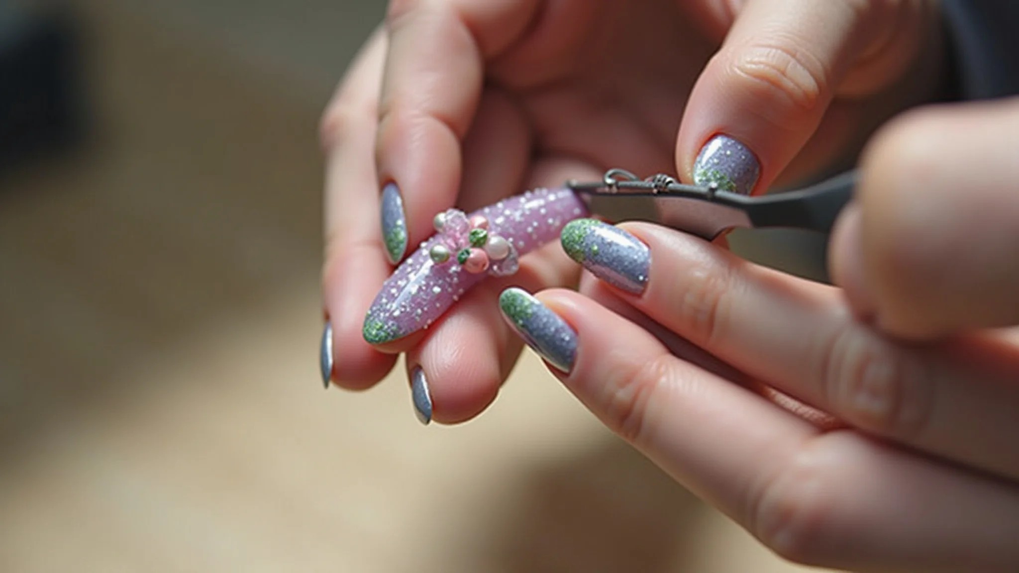 Preparando as unhas para decoração lilás e verde.