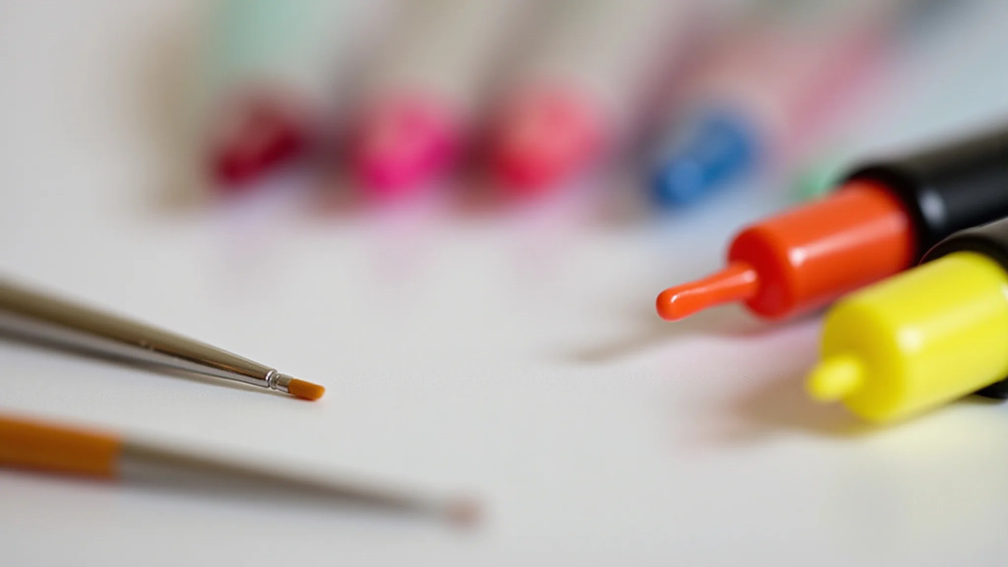 Ferramentas para nail art com tema de gato, esmaltes e pincéis.