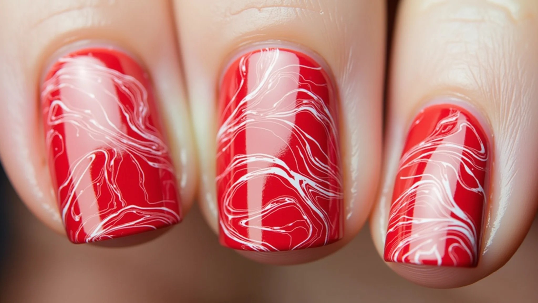 Detalhe de unhas marmorizadas vermelhas e brancas, arte abstrata.