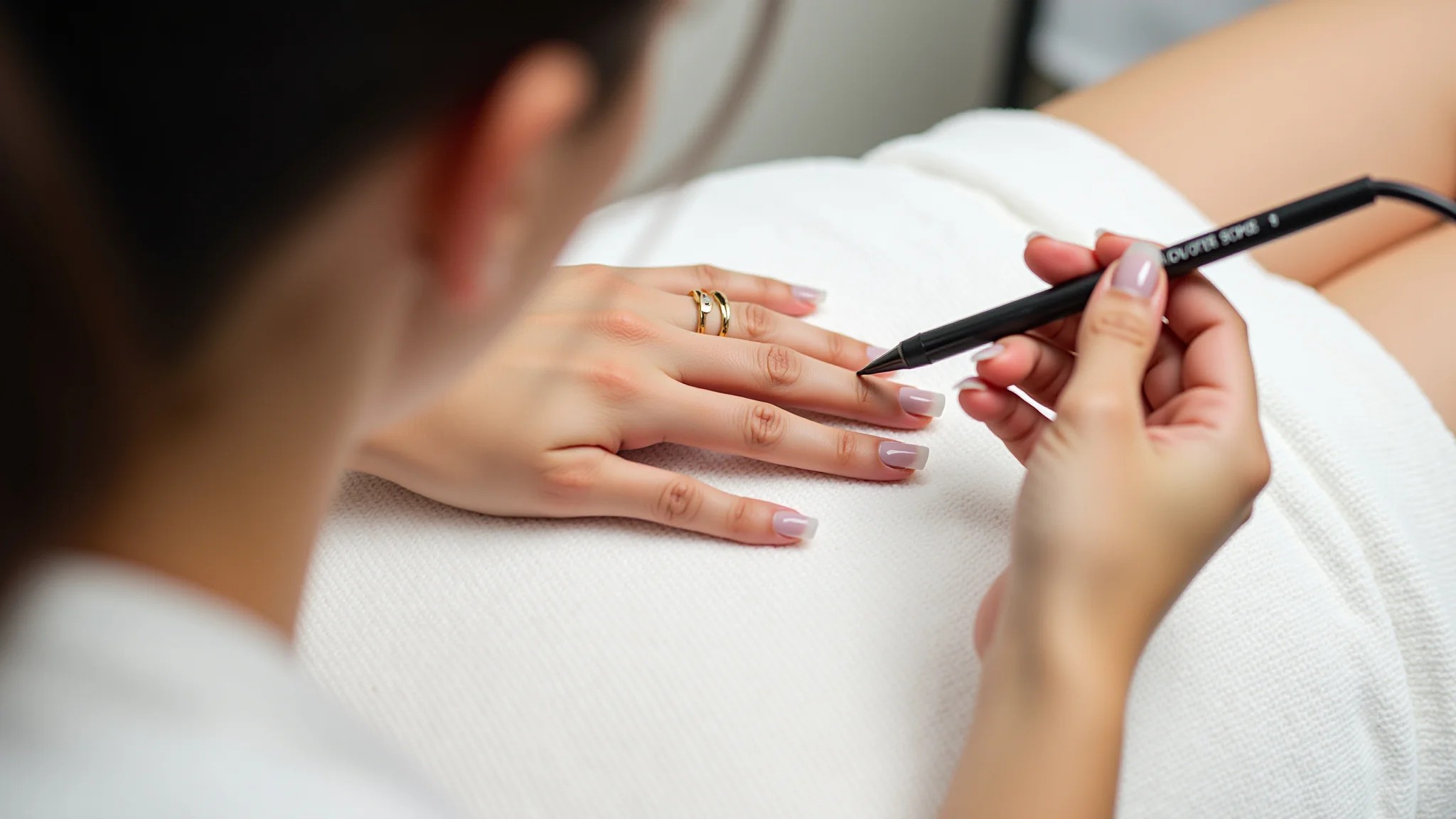 Manicure lixando e modelando unha de fibra de vidro.