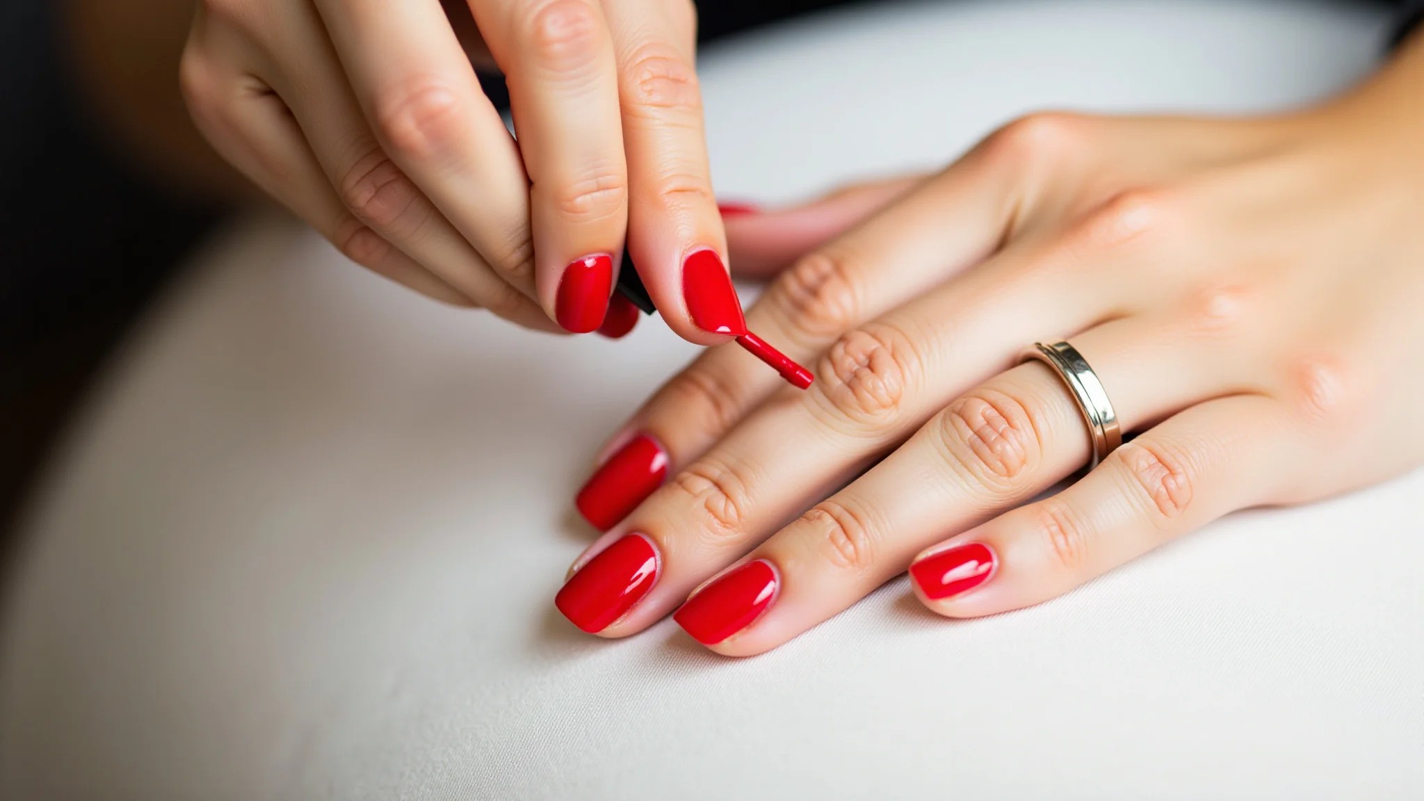 Close-up de mão feminina aplicando esmalte vermelho vibrante em unhas bem cuidadas.