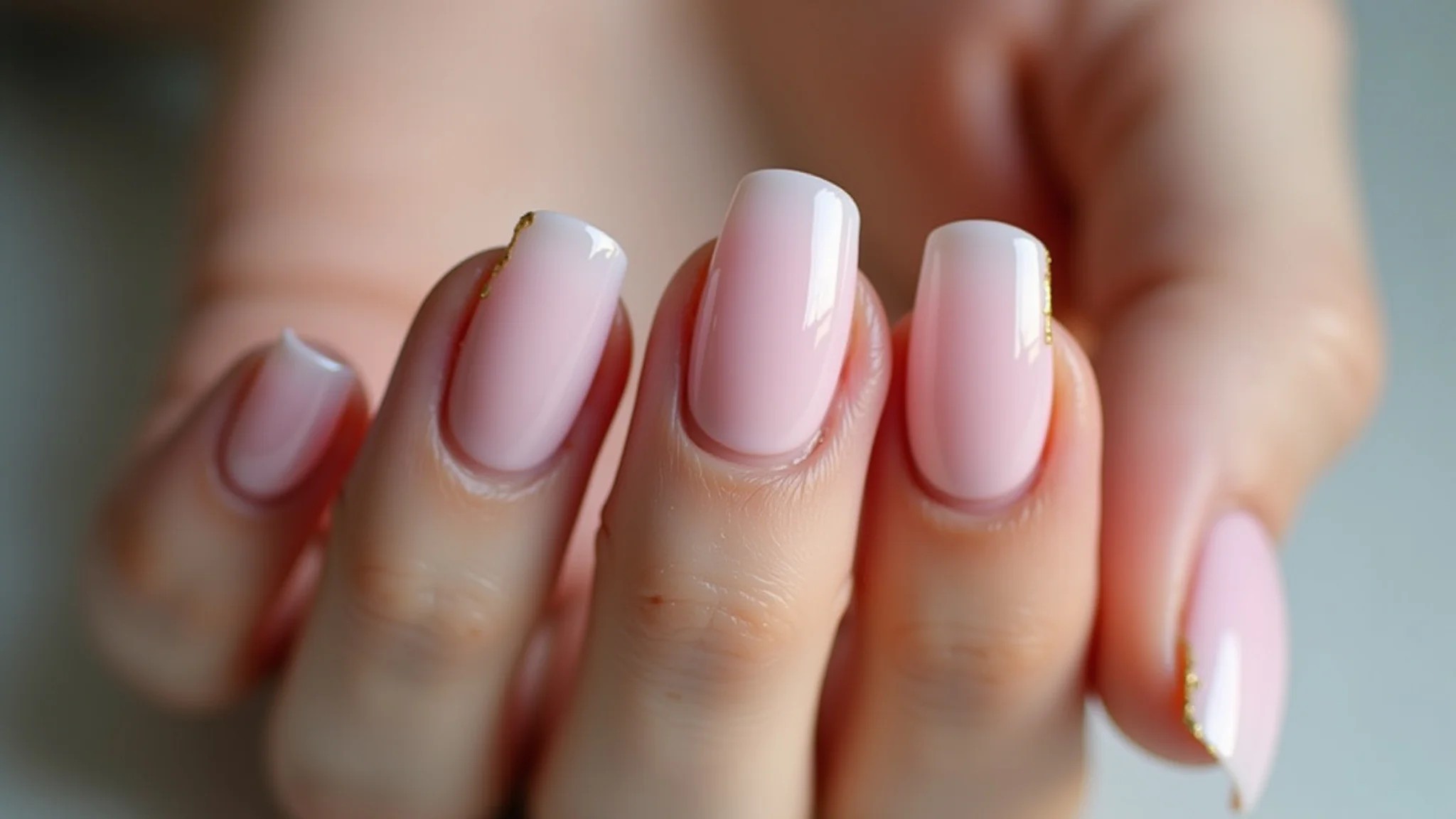Detalhe de unhas de fibra de vidro com francesinha reversa rosa e dourada.