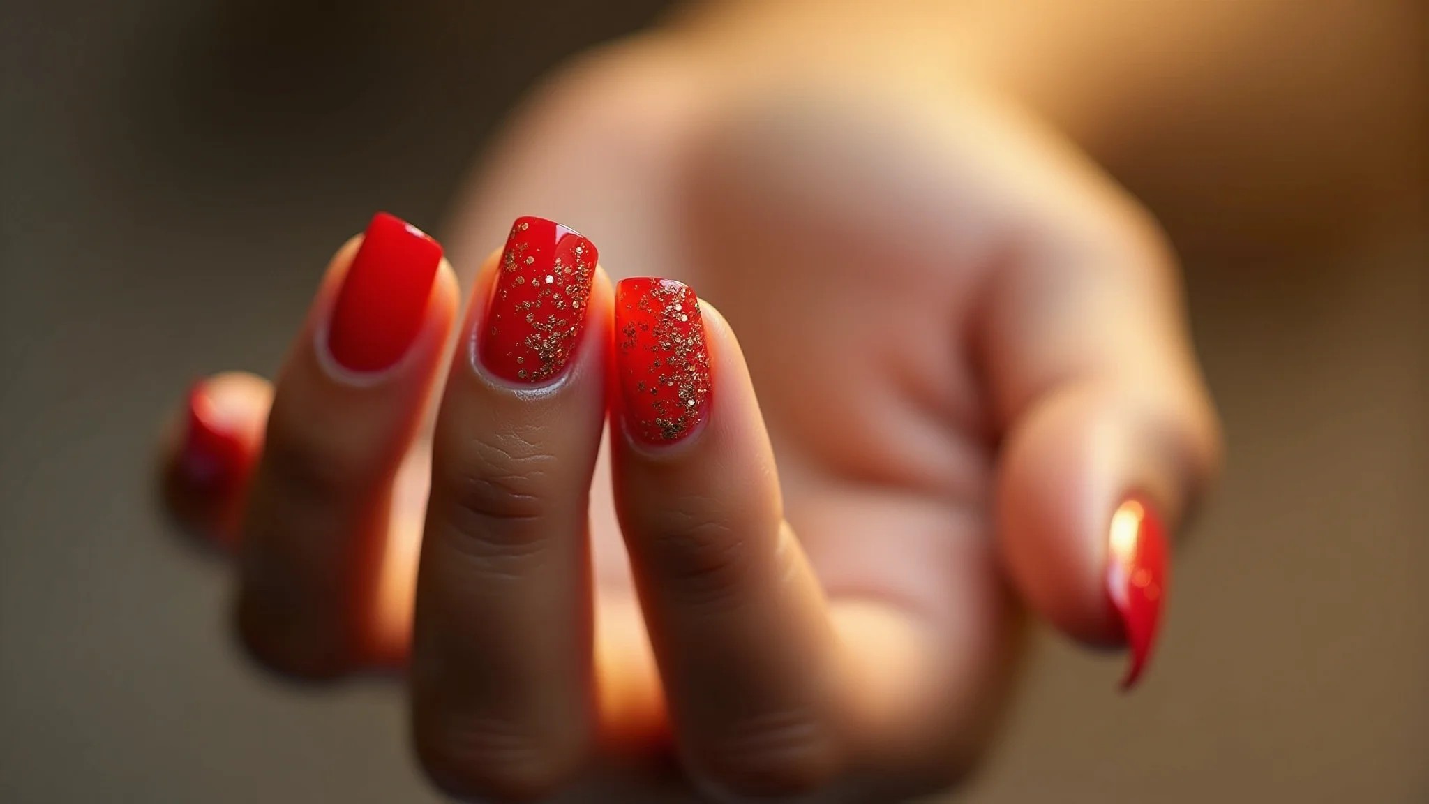 Unhas de fibra de vidro vermelhas com glitter dourado, luxuosas e vibrantes.