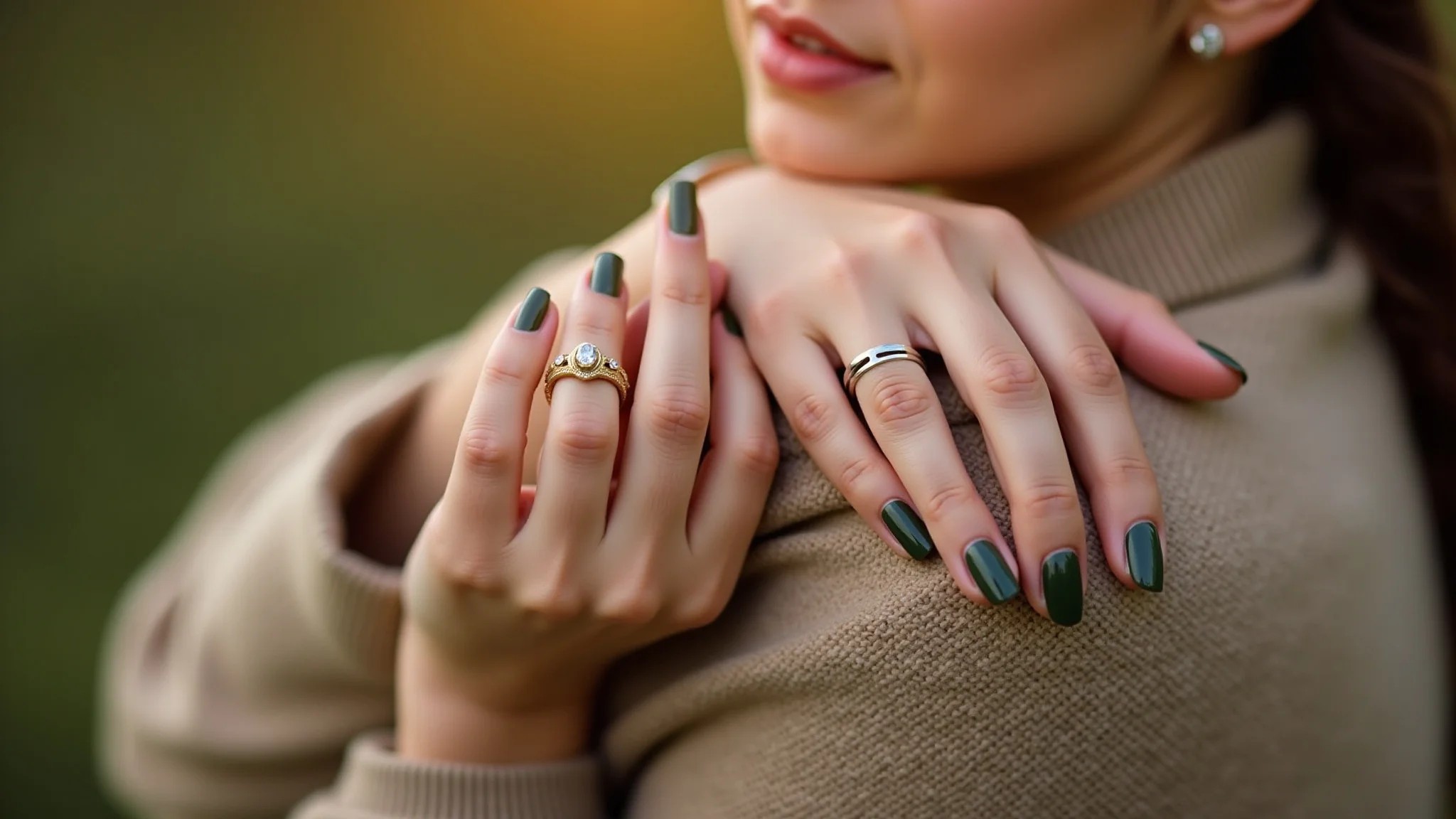 Detalhe das mãos de uma mulher com unhas verde militar e anel dourado.