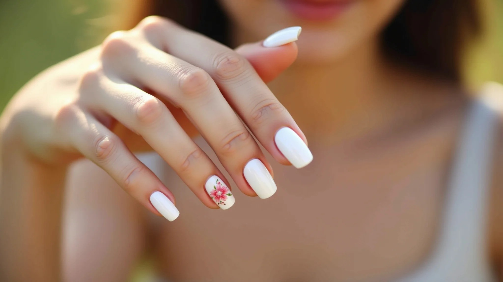 Close-up de unhas de gel brancas decoradas com flores delicadas.