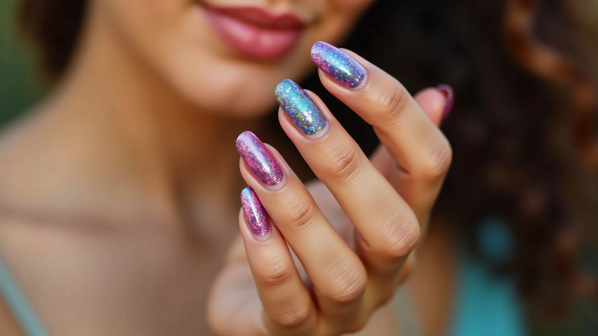 Close-up de mãos femininas com unhas decoradas com glitter em pó, cores vibrantes.