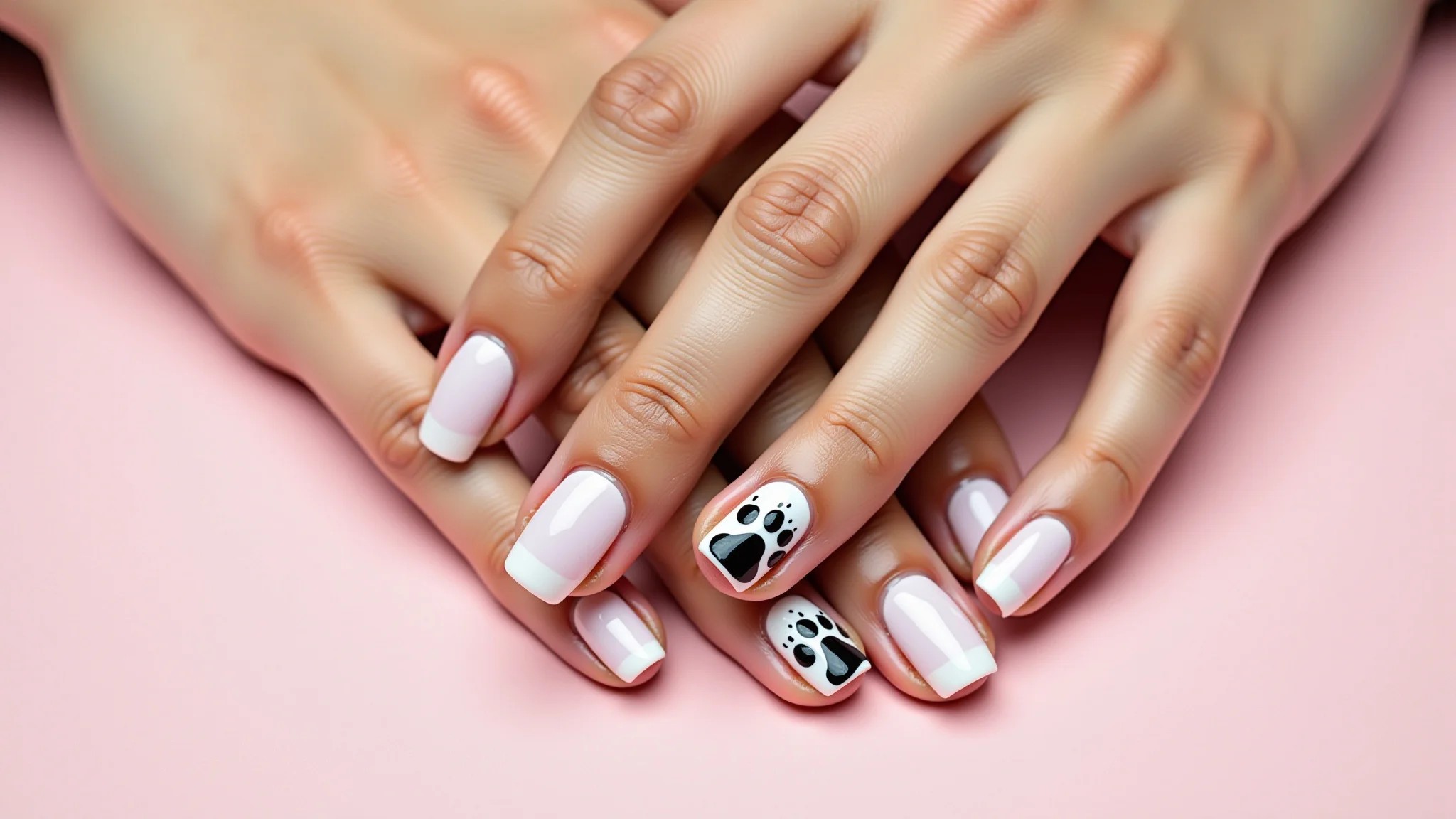 Unhas decoradas com patinhas de gato em fundo rosa claro, delicado e fofo.