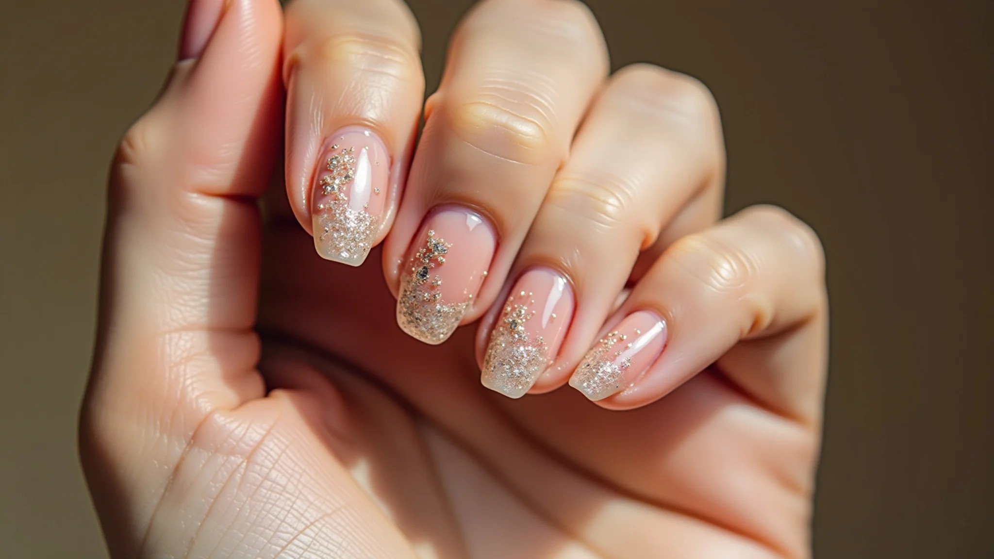 Unhas decoradas bailarina com glitter, close-up, fotografia profissional.