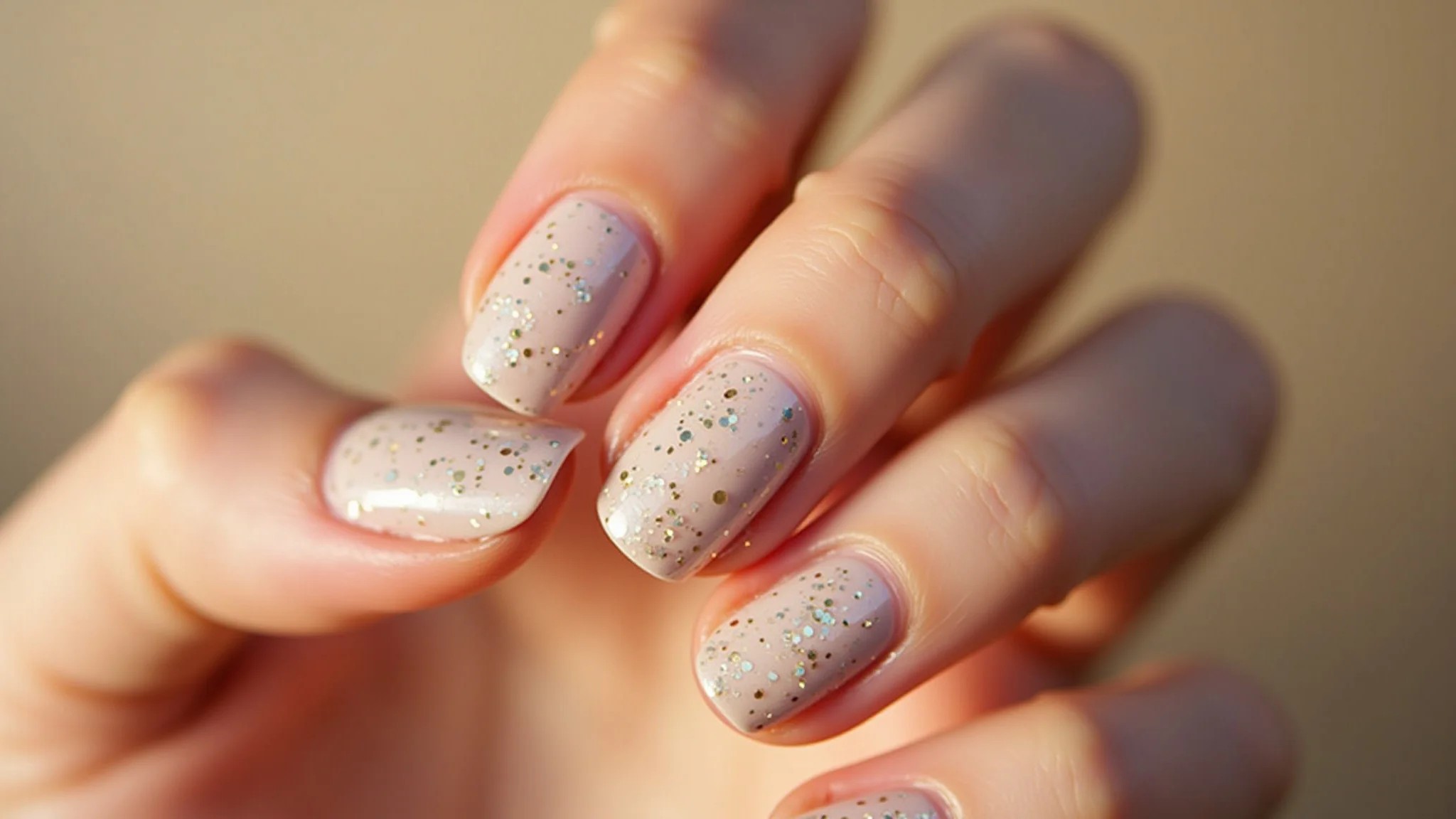 Unhas de gel delicadas com esmalte nude e detalhes sutis em glitter dourado.