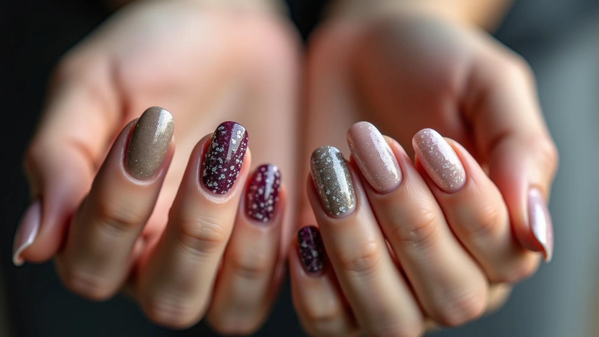 Mãos com unhas decoradas para o inverno em estilo brasileiro, cores vibrantes e foco nítido.