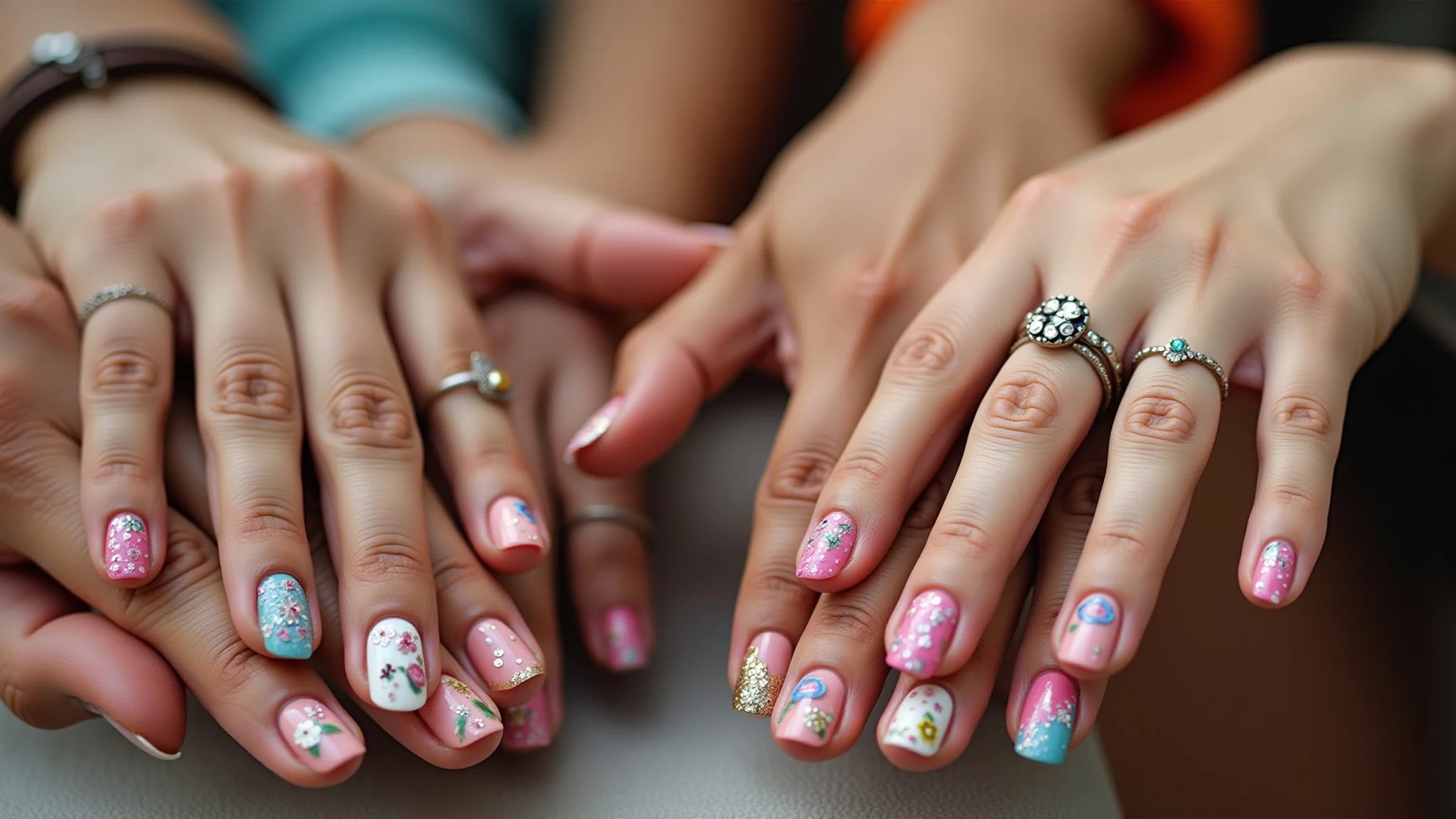 Mãos com unhas decoradas em close-up, mostrando designs intrincados e cores vibrantes.