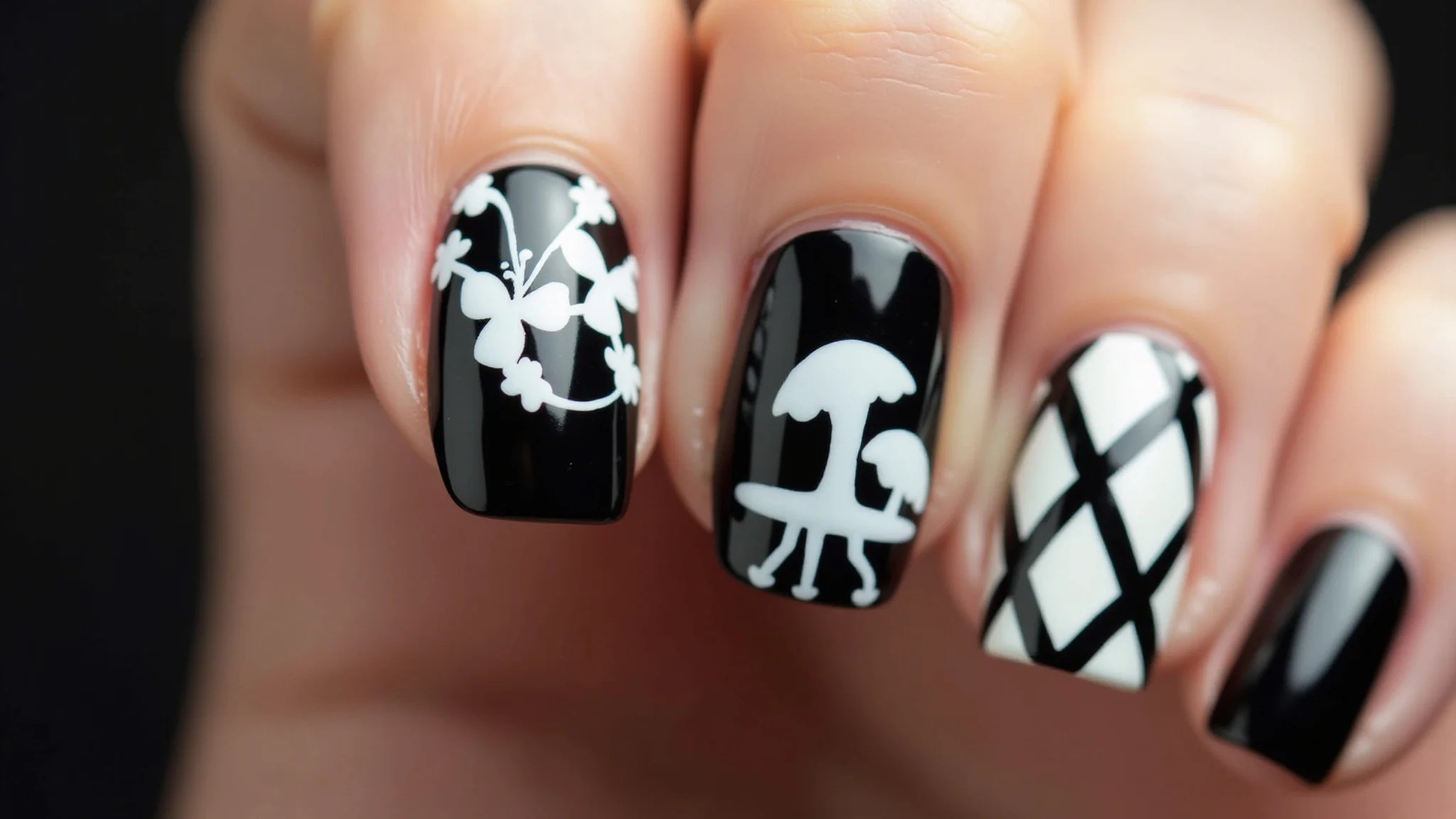 Unhas decoradas em preto e branco, design clássico reinventado com toque moderno e elegante.
