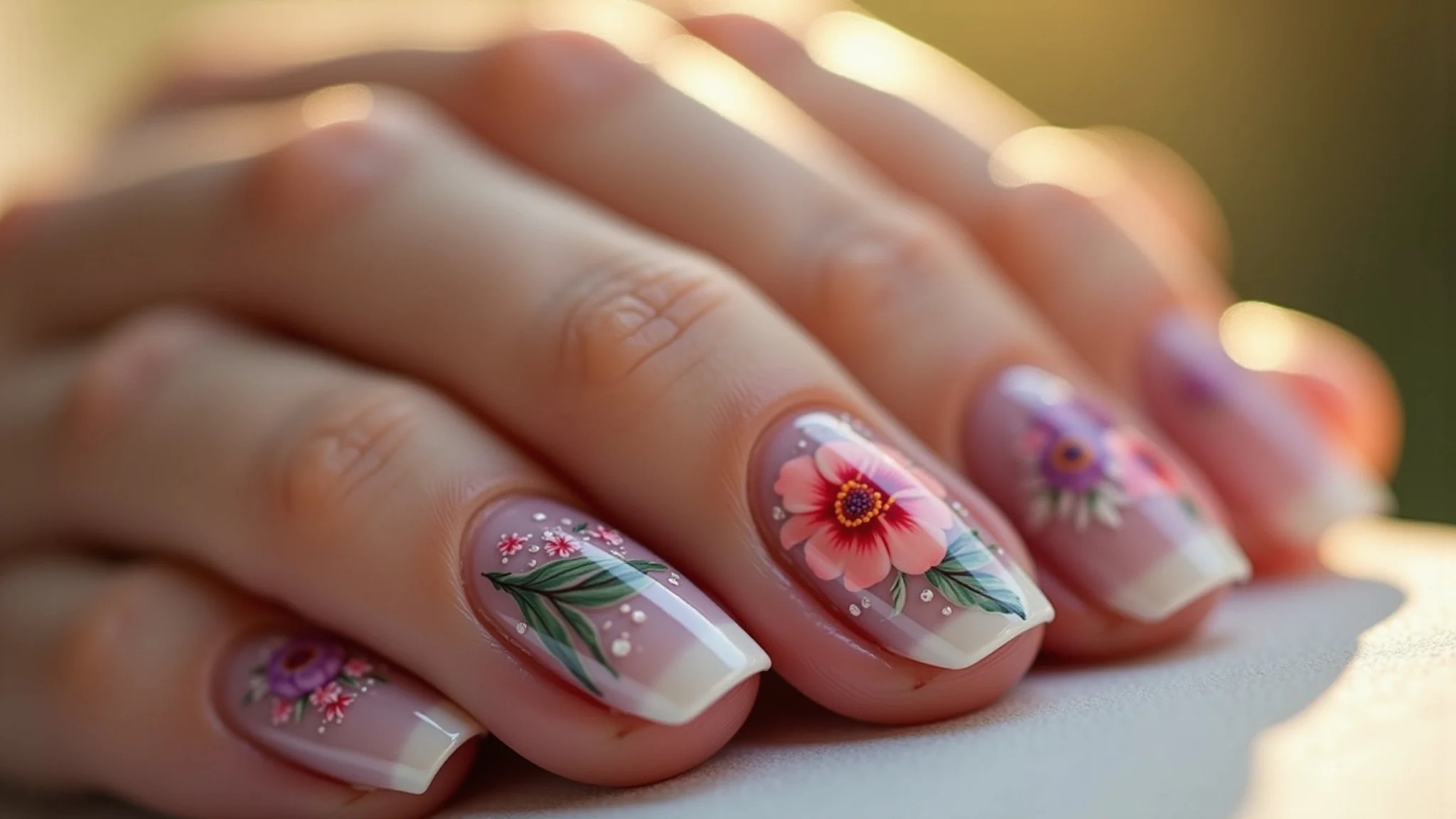 Unhas de gel decoradas com flores delicadas e cores vibrantes.