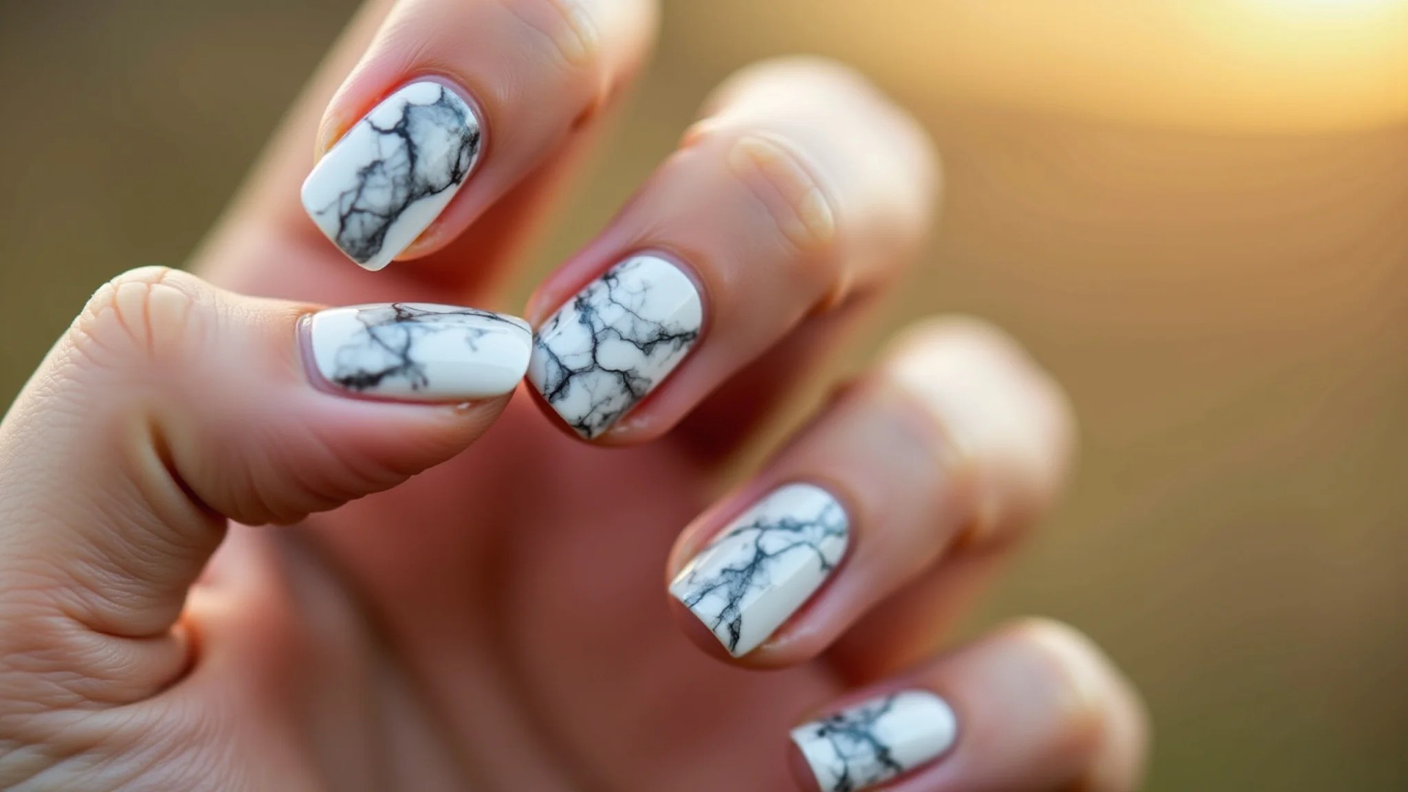 Unhas marmorizadas clássicas em tons de branco e cinza, elegantes e sofisticadas.
