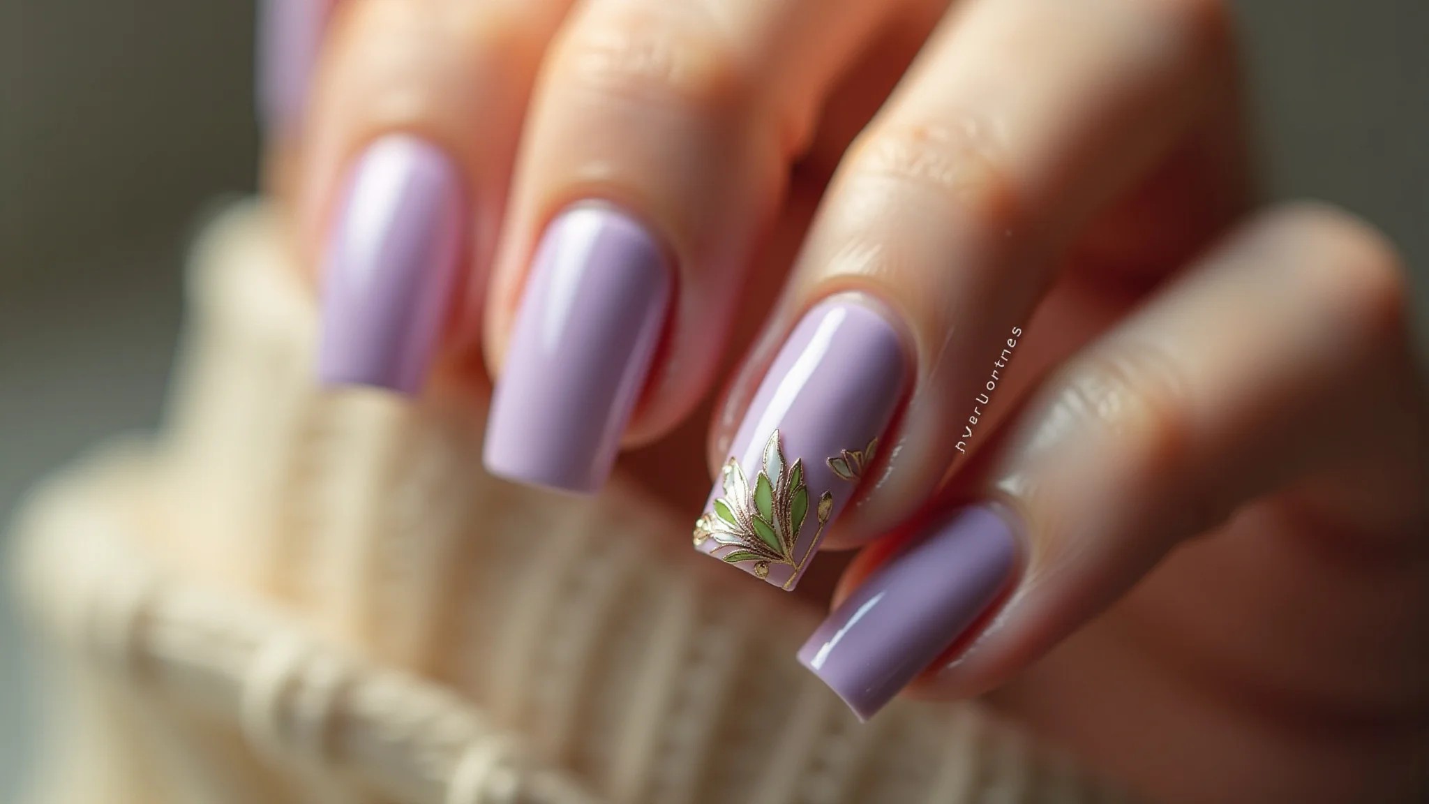 Unhas lilás com detalhes em folha de ouro verde, elegantes e sofisticadas.