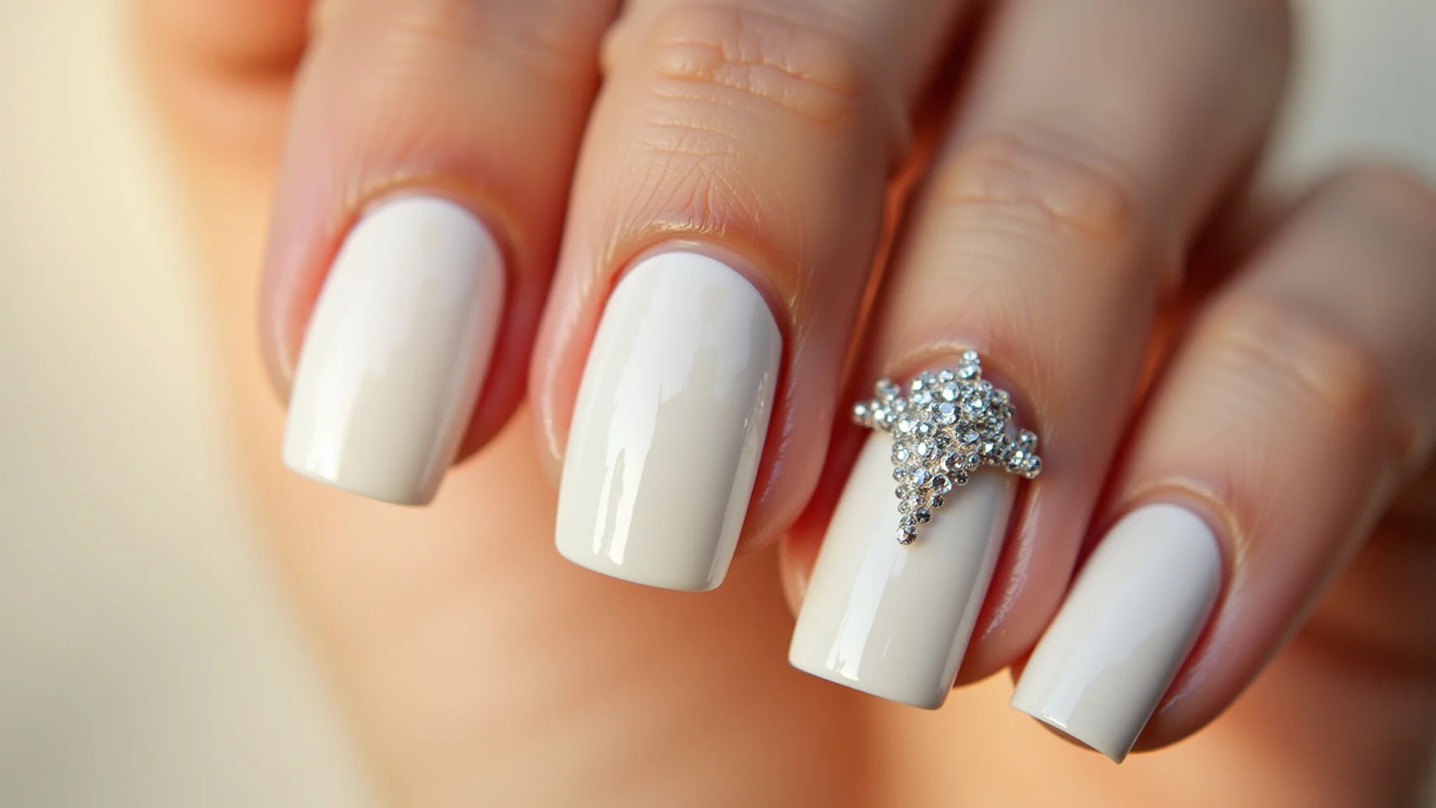 Unhas decoradas brancas com glitter prata delicado, estilo elegante e moderno.