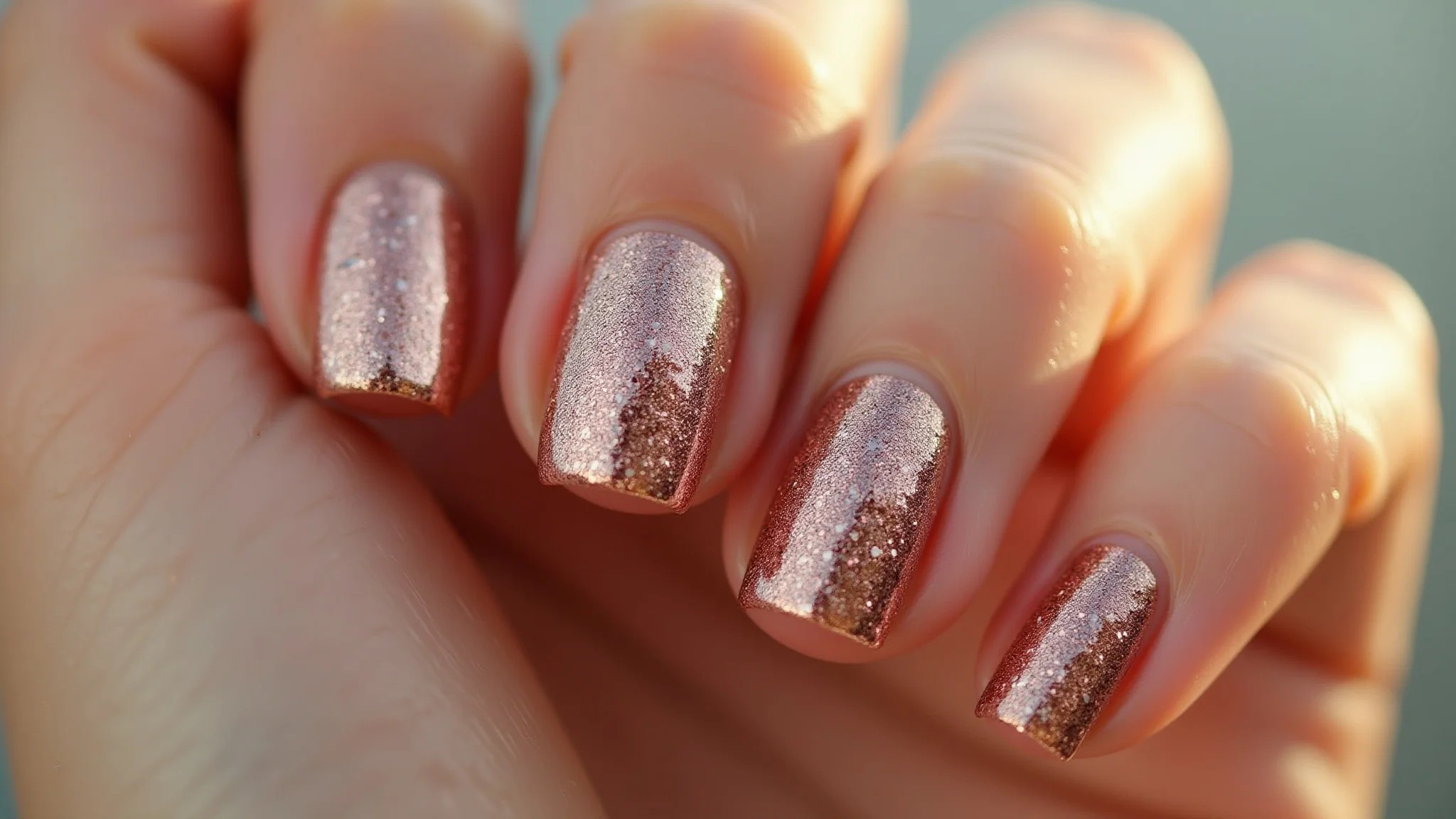 Unhas de fibra decoradas com glitter rosê gold, close-up profissional.