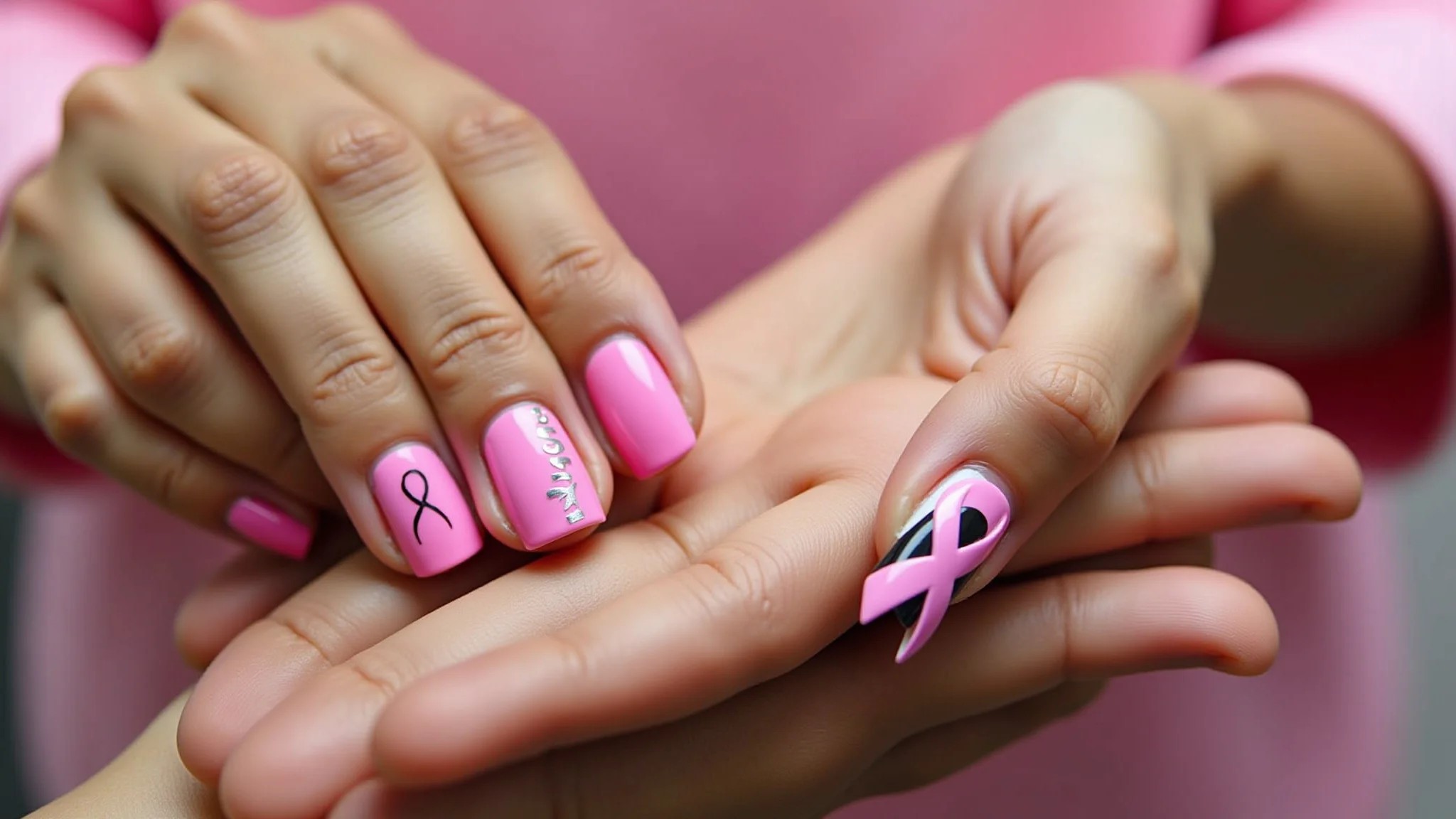 Mãos com unhas decoradas em rosa vibrante, apoiando a conscientização sobre o câncer de mama.