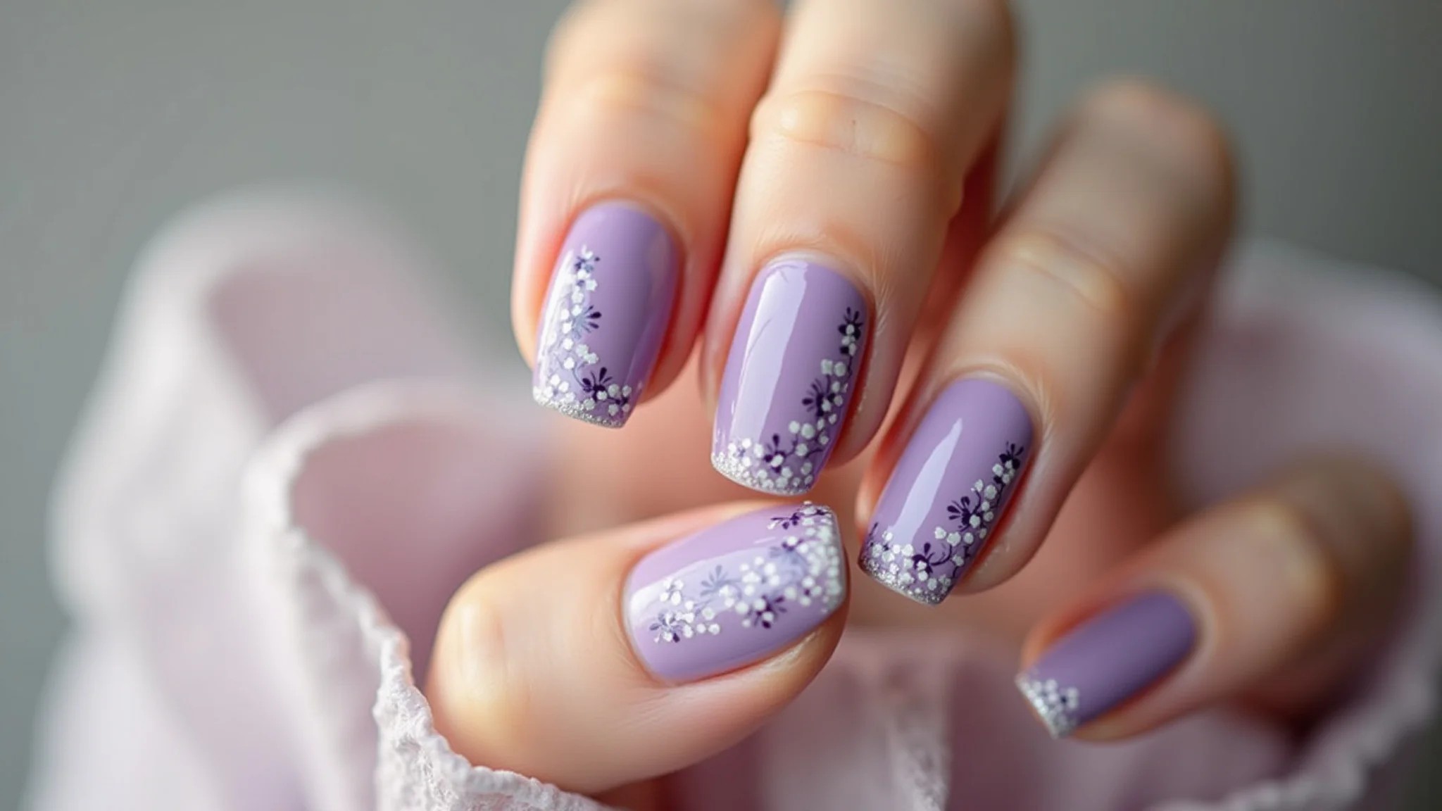 Unhas lilás com delicadas flores pintadas à mão, foto profissional.