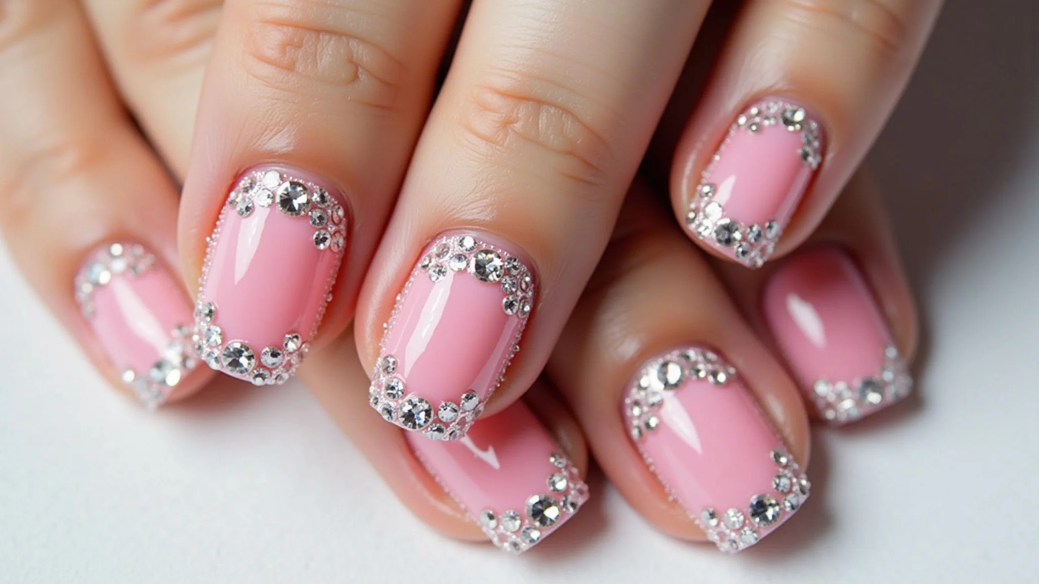 Close-up de unhas rosas adornadas com strass e pedrarias, estilo glamouroso.