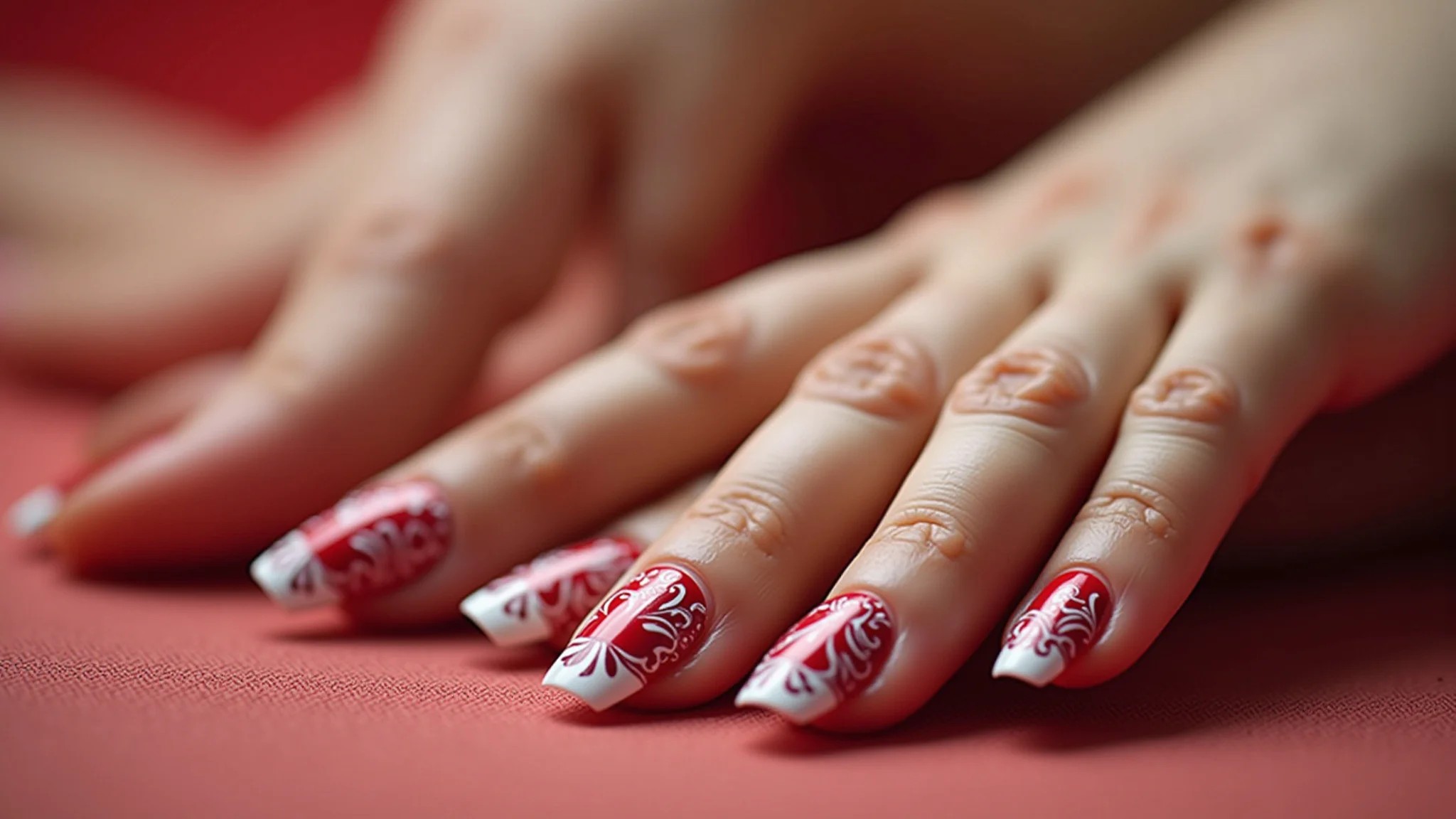 Close up de unhas decoradas vermelhas e brancas, design elegante.