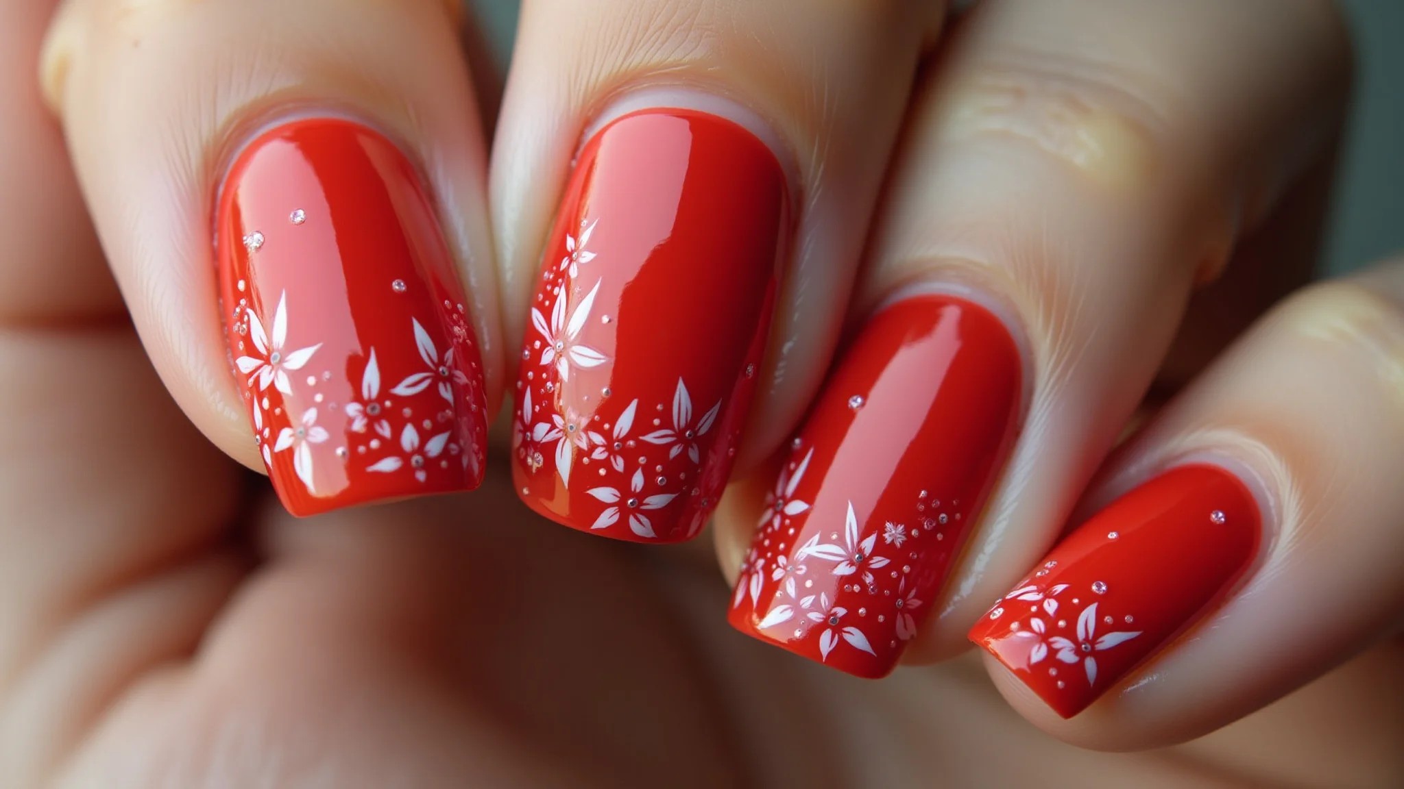 Unhas vermelhas com flores delicadas, toque romântico e feminino.