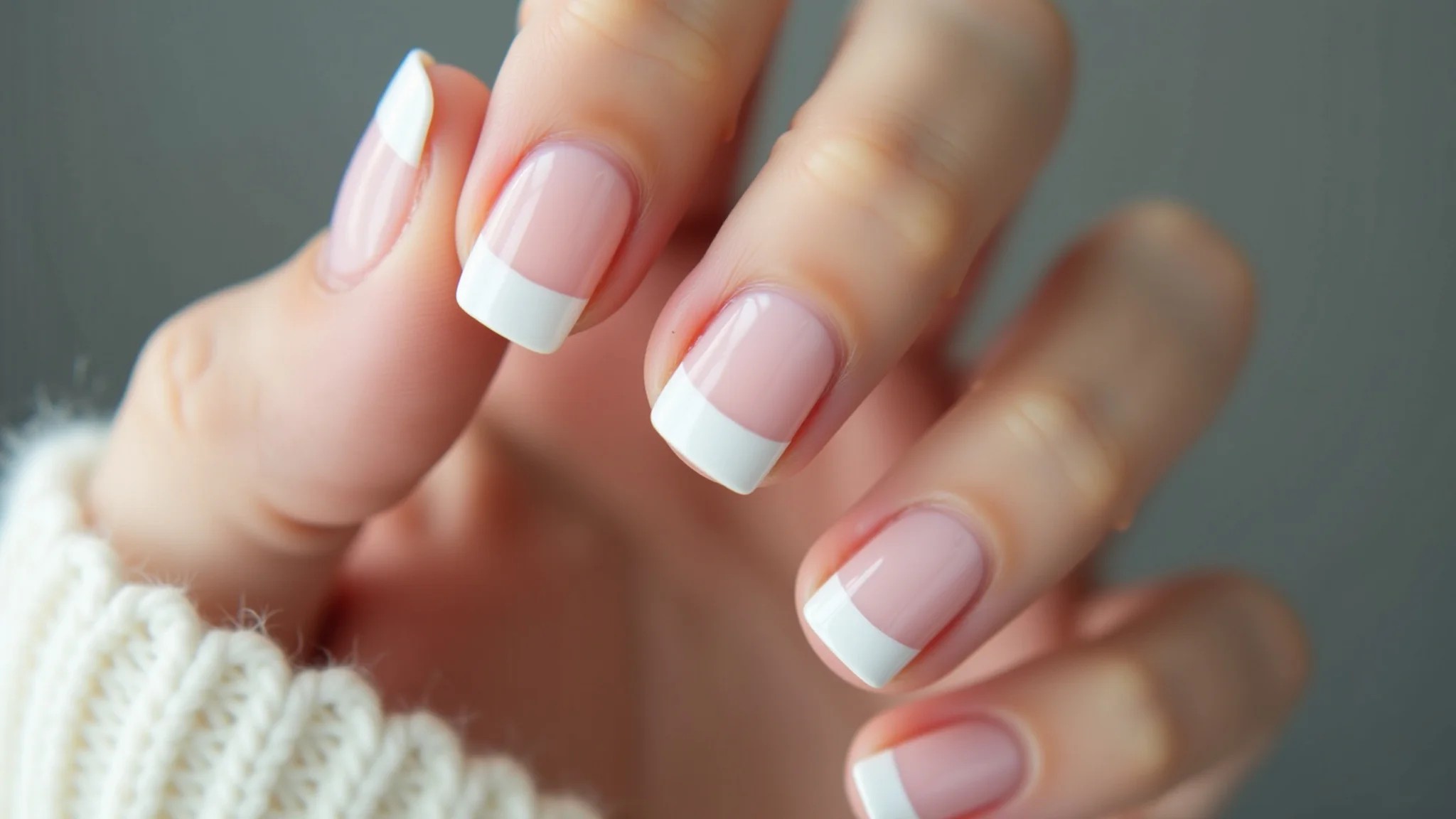 Unhas curtas e quadradas com francesinha clássica, elegante e minimalista.